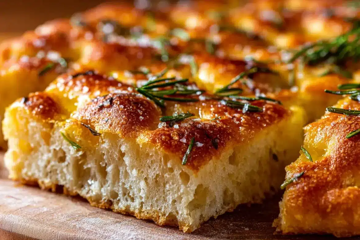 Close-up of golden sourdough focaccia bread with airy crumb, olive oil, rosemary, and flaky sea salt on a rustic plate.