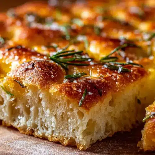 Close-up of golden sourdough focaccia bread with airy crumb, olive oil, rosemary, and flaky sea salt on a rustic plate.