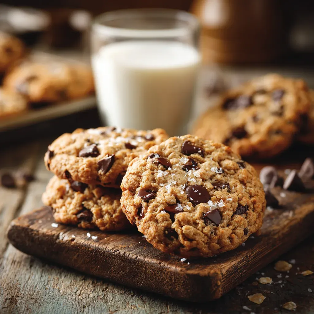 Oatmeal chocolate chip cookies served on a rustic board with milk.