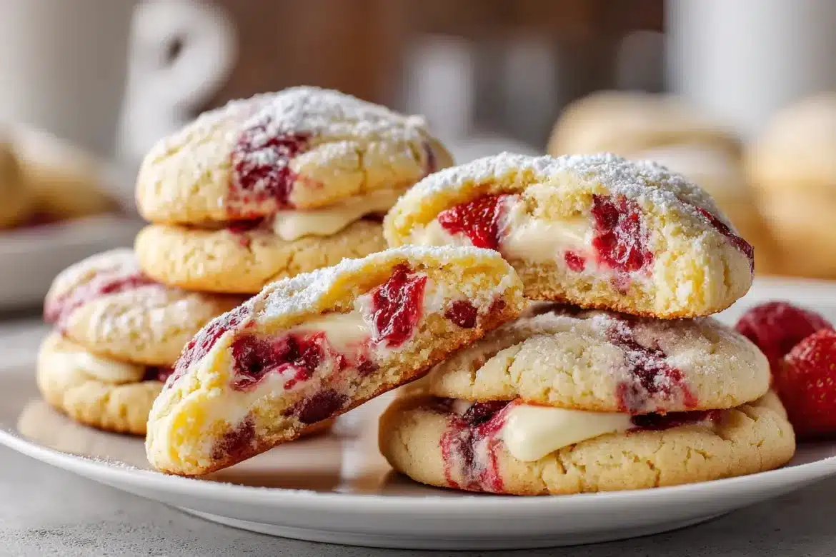 Close-up of strawberry cheesecake cookies split open to show creamy centers and juicy strawberry pieces.