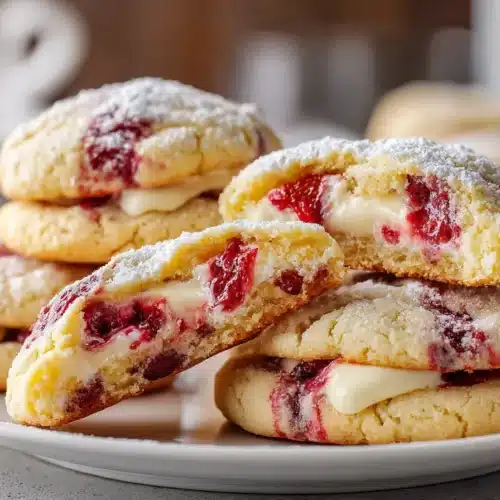 Close-up of strawberry cheesecake cookies split open to show creamy centers and juicy strawberry pieces.
