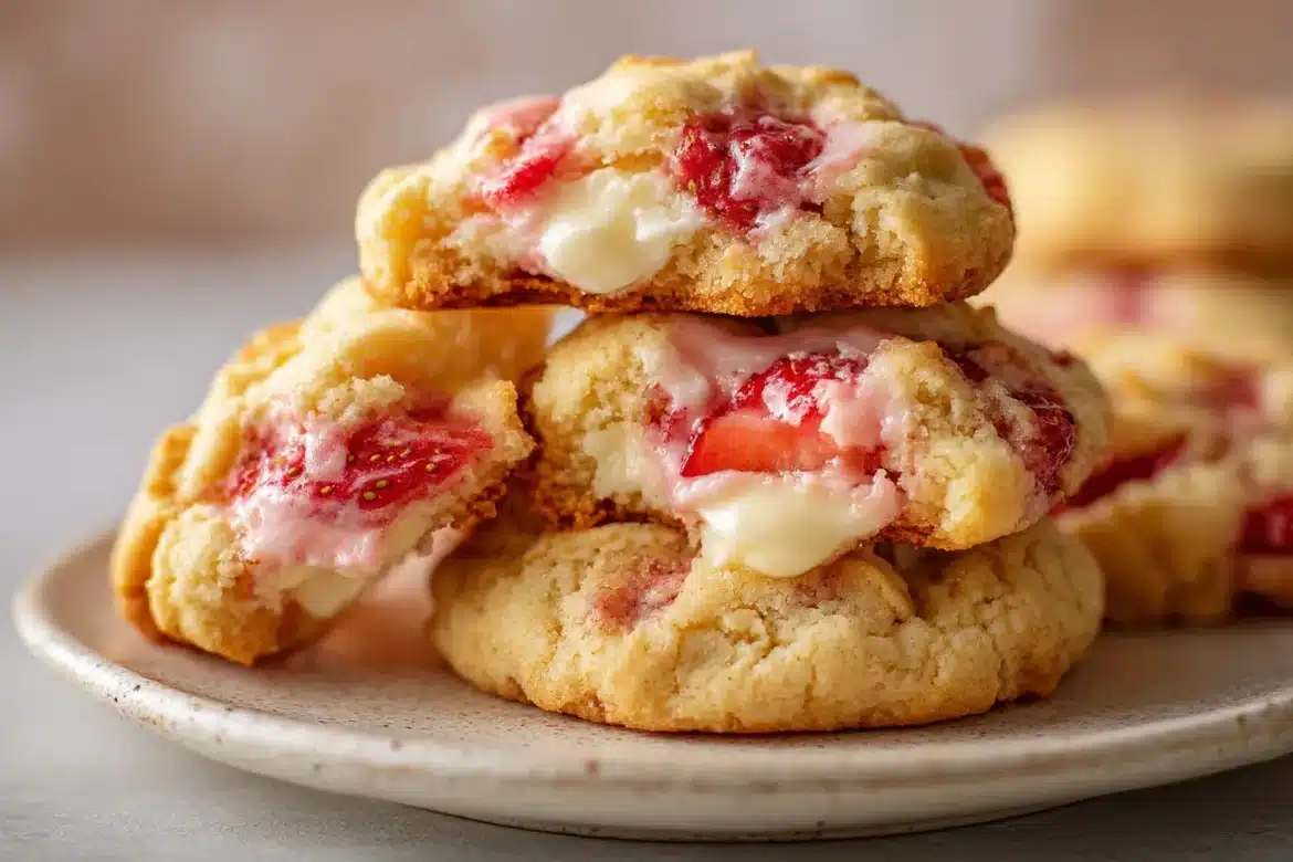 Close-up of strawberry cheesecake cookies with cream cheese filling and fresh strawberries, broken open to reveal creamy center.