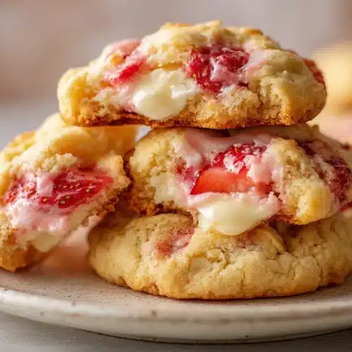 Close-up of strawberry cheesecake cookies with cream cheese filling and fresh strawberries, broken open to reveal creamy center.