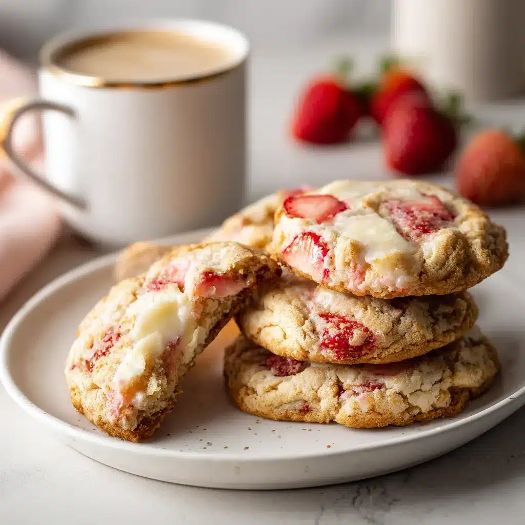 Stacked strawberry cheesecake cookies with cream cheese filling and fresh strawberries, broken open on top.