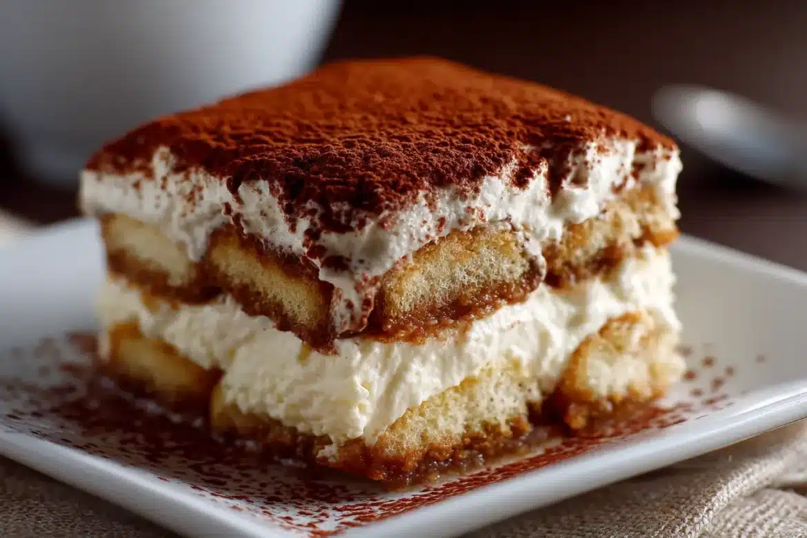 Close-up of tiramisu tres leches no bake, showing creamy layers, espresso-soaked ladyfingers, and a dusting of cocoa powder.