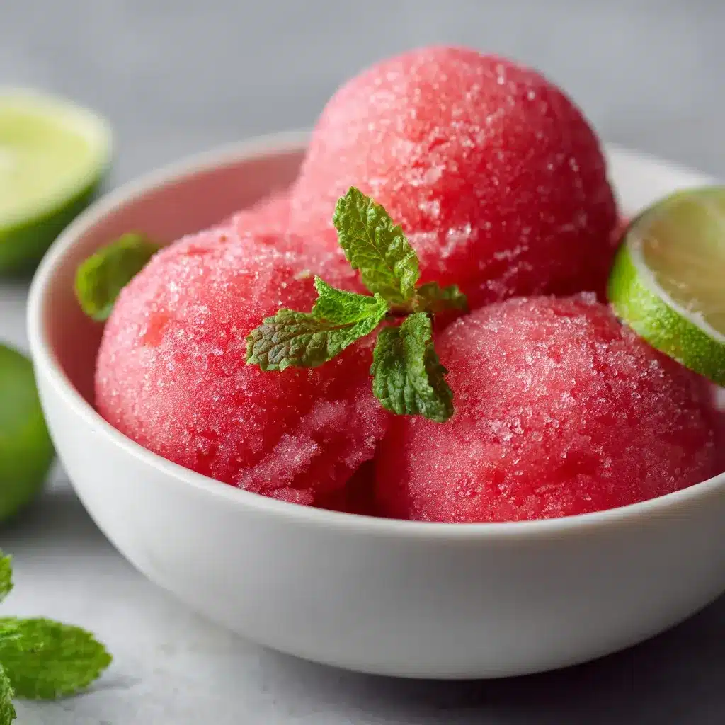 Watermelon sorbet scoops with mint, lime, and extra watermelon, styled for summer.