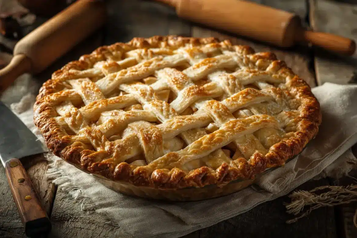 A golden homemade pie decorated with creative pie crust designs, including lattice and braids, styled for inspiration.