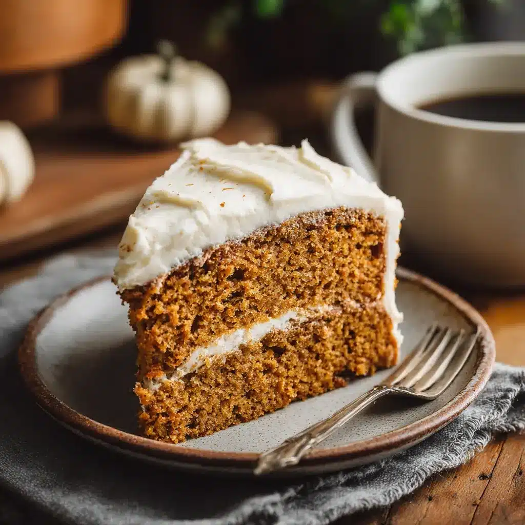 Stacked squares of pumpkin spice cake with cream cheese frosting and cinnamon.