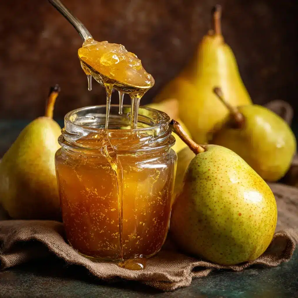 Jar of pear preserves with syrup dripping; Toast topped with pear preserves.