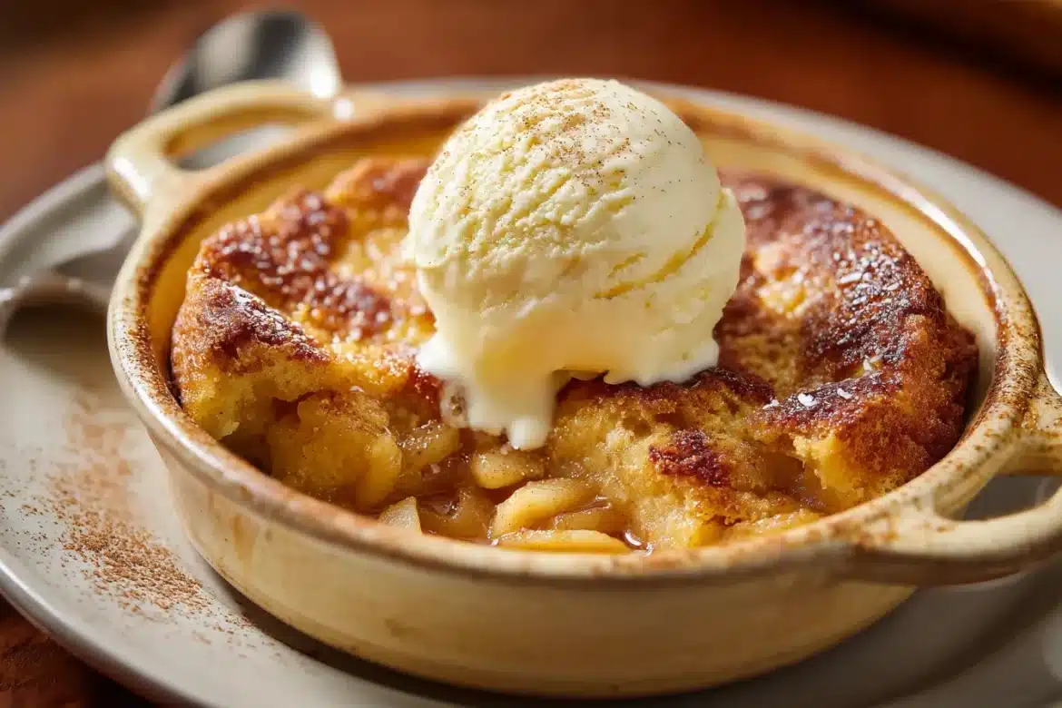 Apple pudding cake served warm with golden top, custardy center, and melting vanilla ice cream.