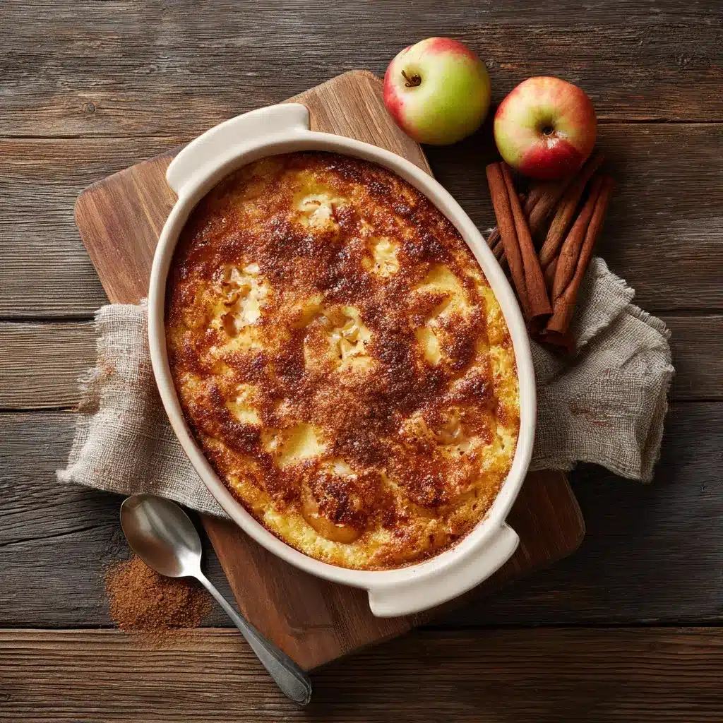 Overhead of apple pudding cake in baking dish with cinnamon dusting.