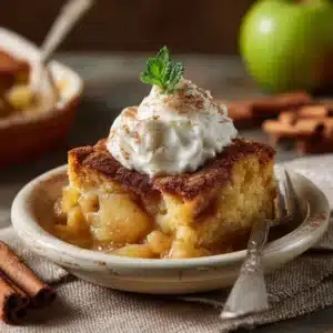 Scoop of apple pudding cake with melting ice cream on rustic bowl.