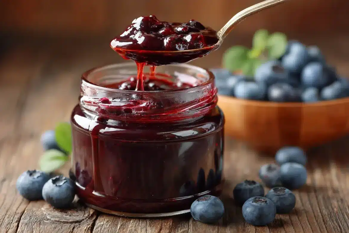 Homemade blueberry jelly in a glass jar with spoon, glossy and vibrant.