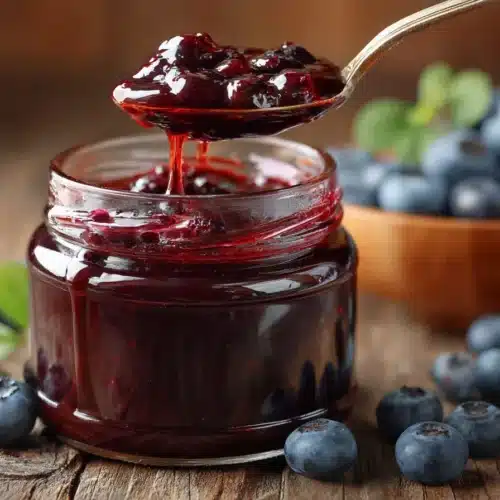 Homemade blueberry jelly in a glass jar with spoon, glossy and vibrant.