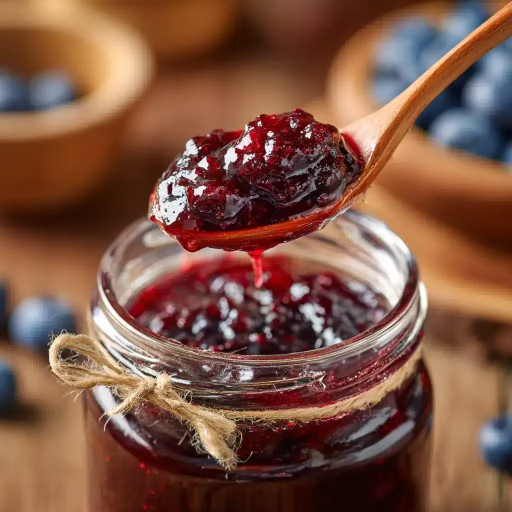 Glass jars of blueberry jelly with fresh blueberries and lemons styled around.