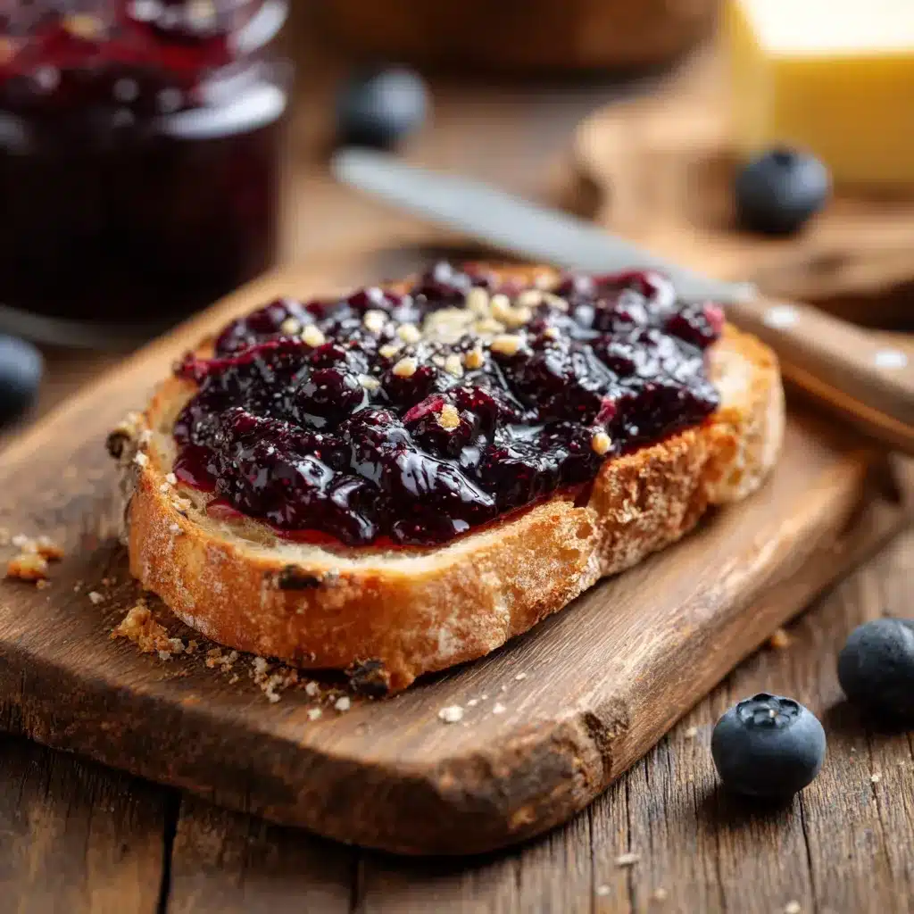 Slice of bread spread with glossy blueberry jelly on rustic cutting board.