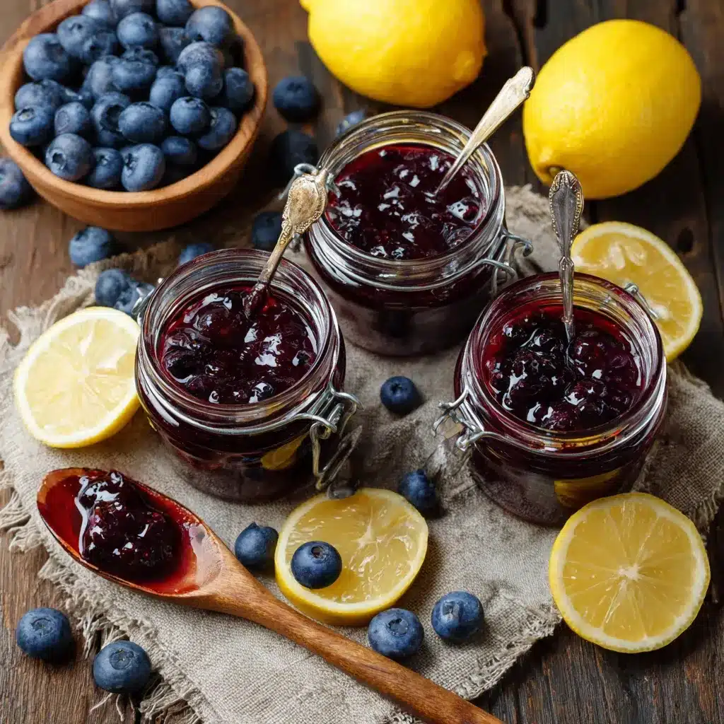Spoonful of glossy blueberry jelly lifted from jar.