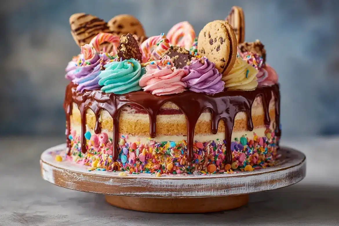A colorful chaos cake with buttercream swirls, drips, and candy toppings.