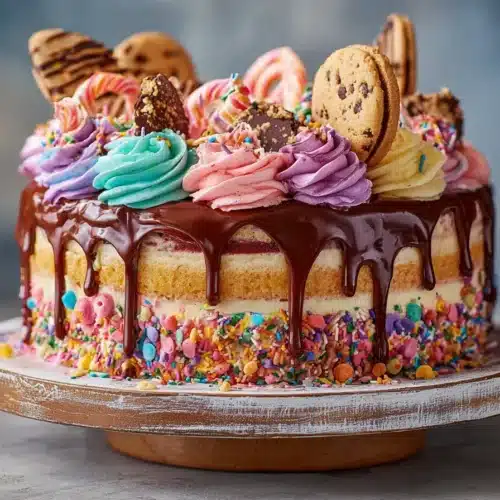 A colorful chaos cake with buttercream swirls, drips, and candy toppings.