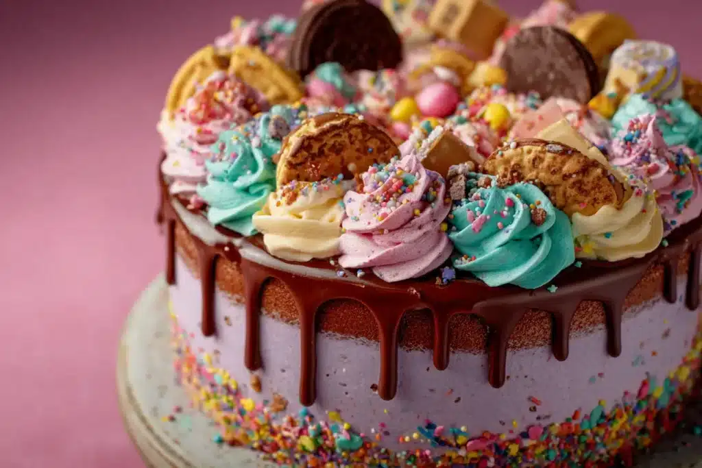Mini chaos cakes decorated with sprinkles and candy pieces.