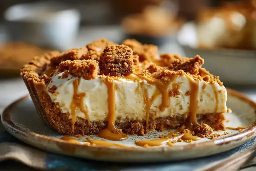 Close-up of cookie butter pie slice with creamy filling and cookie drizzle.
