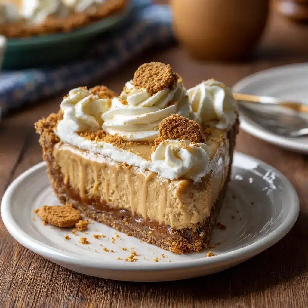 Slice of cookie butter pie topped with whipped cream and cookie crumble.