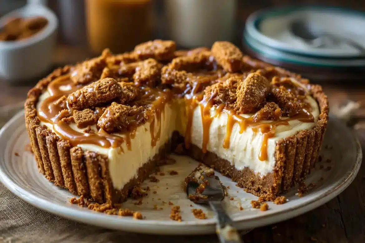 Cookie butter pie with Biscoff crust, creamy filling, and cookie drizzle.