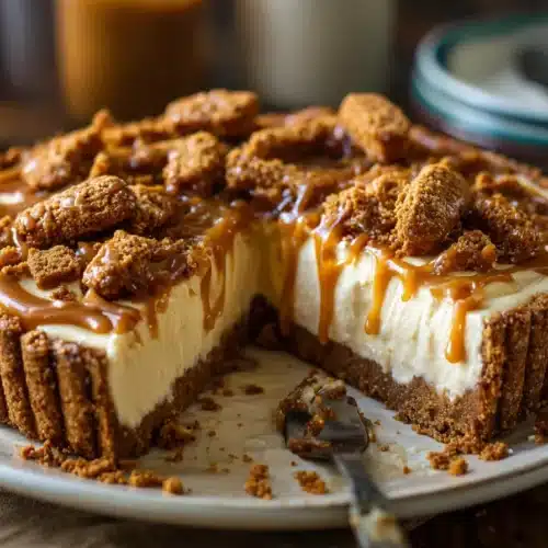 Cookie butter pie with Biscoff crust, creamy filling, and cookie drizzle.