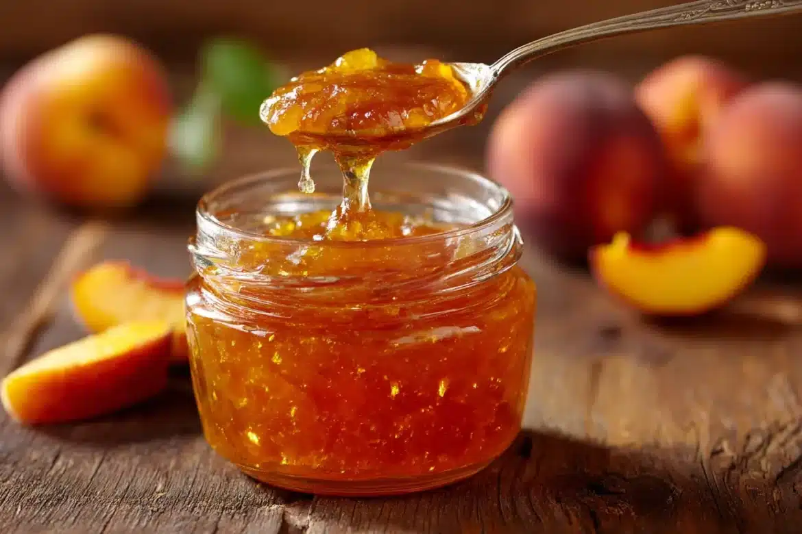 Homemade peach jelly in a jar with spoon dipped in, glossy golden-orange color.