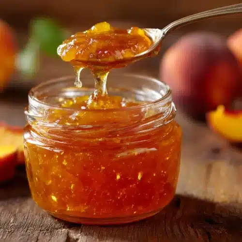 Homemade peach jelly in a jar with spoon dipped in, glossy golden-orange color.