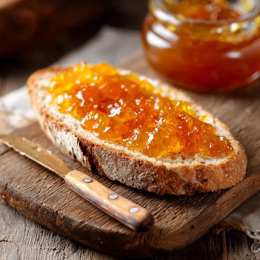 Bread slice spread with glossy peach jelly on rustic board.