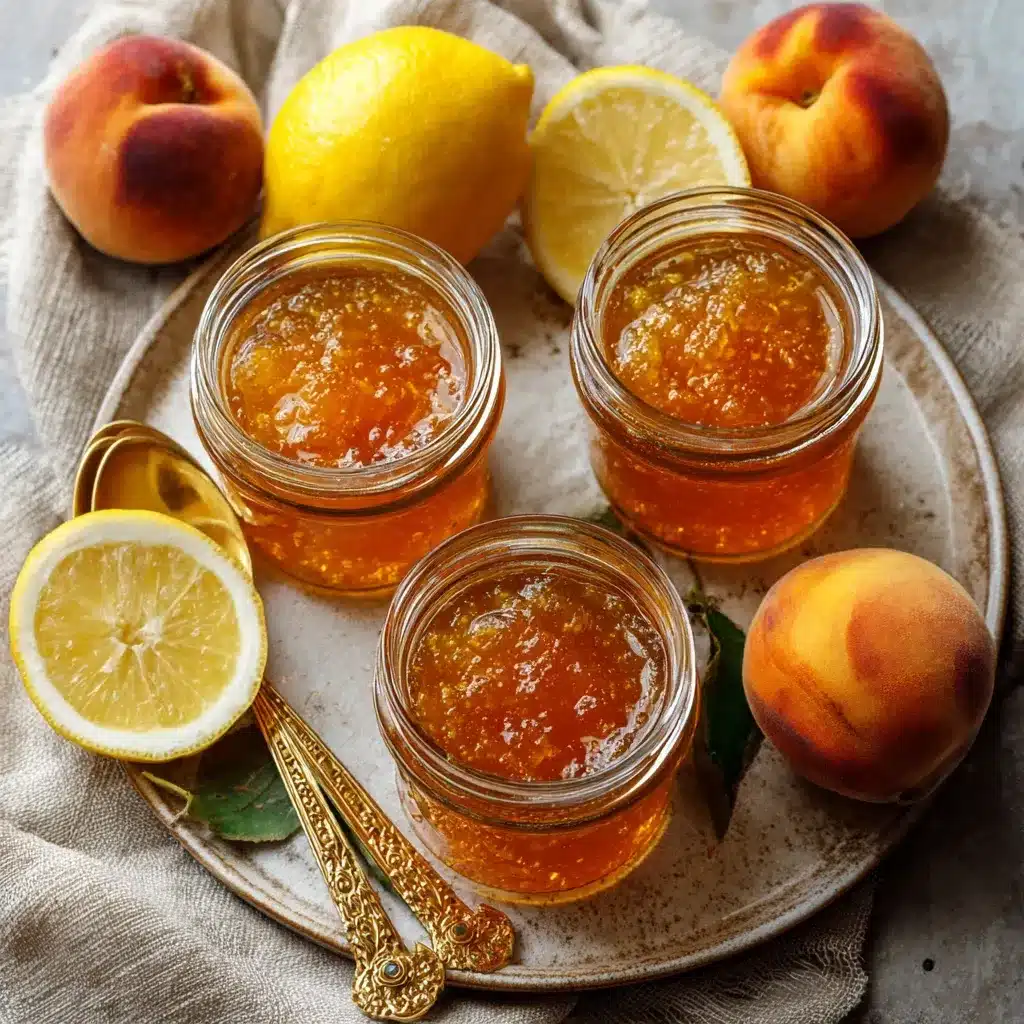 Jars of peach jelly with fresh peaches and lemon styled around.