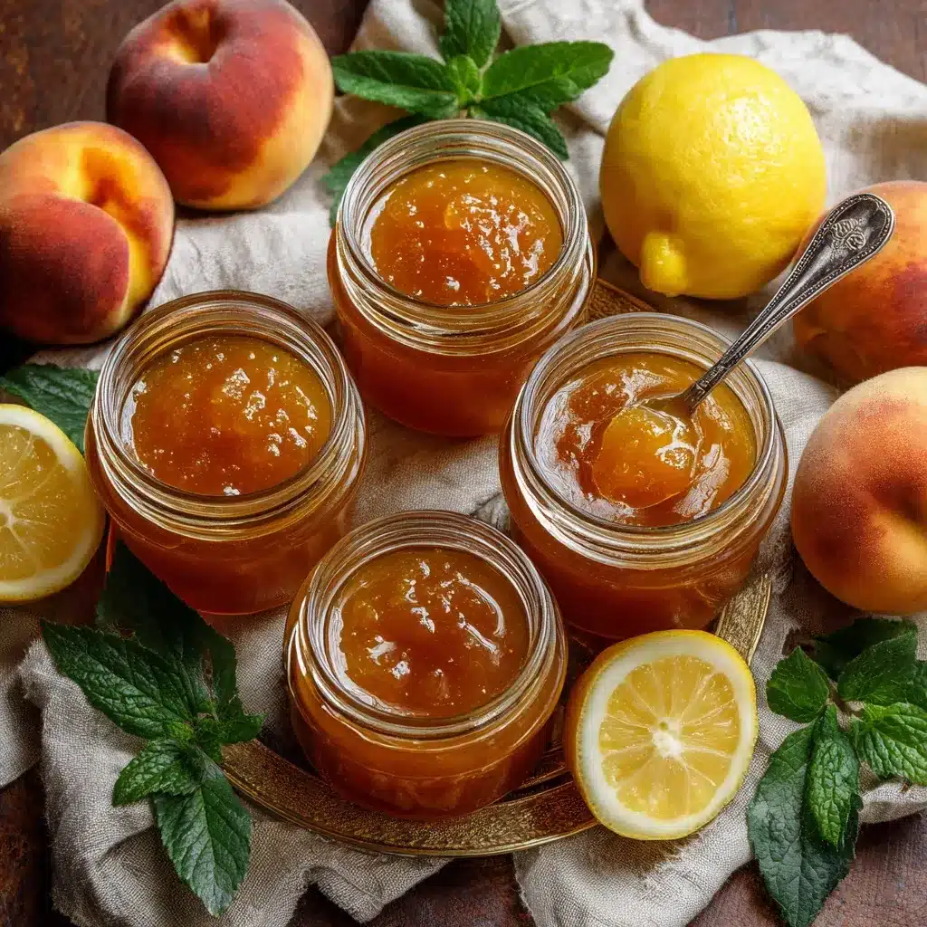 Spoonful of glossy peach jelly lifted from jar.