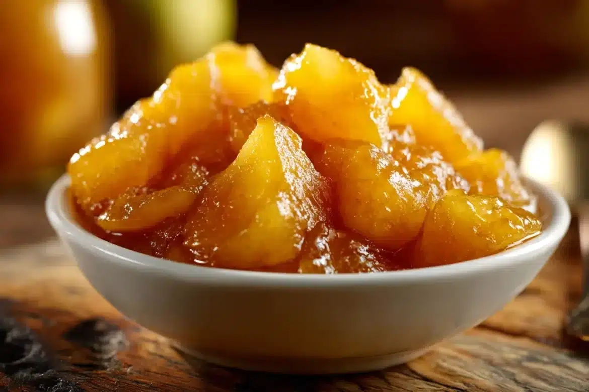 Close-up of homemade pear preserves with golden syrup and pear chunks in a white bowl.