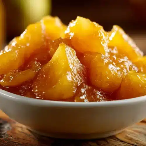 Close-up of homemade pear preserves with golden syrup and pear chunks in a white bowl.