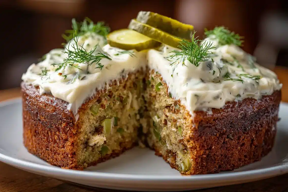 Slice of pickle cake with cream cheese frosting, dill garnish, and moist crumb.