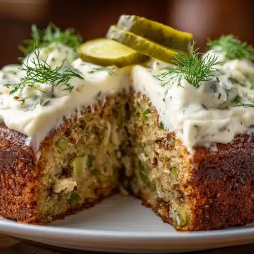 Slice of pickle cake with cream cheese frosting, dill garnish, and moist crumb.