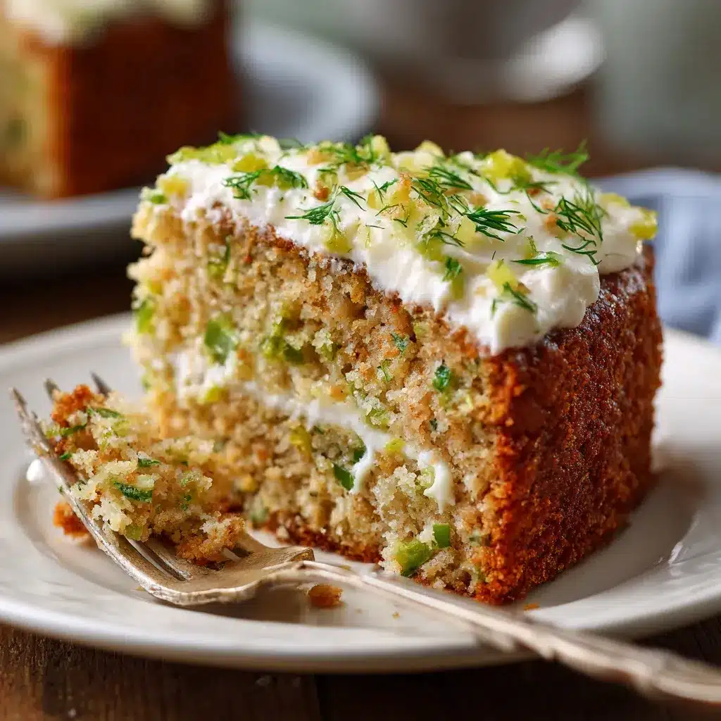 Slice of pickle cake with dill cream cheese frosting and fork on rustic plate.