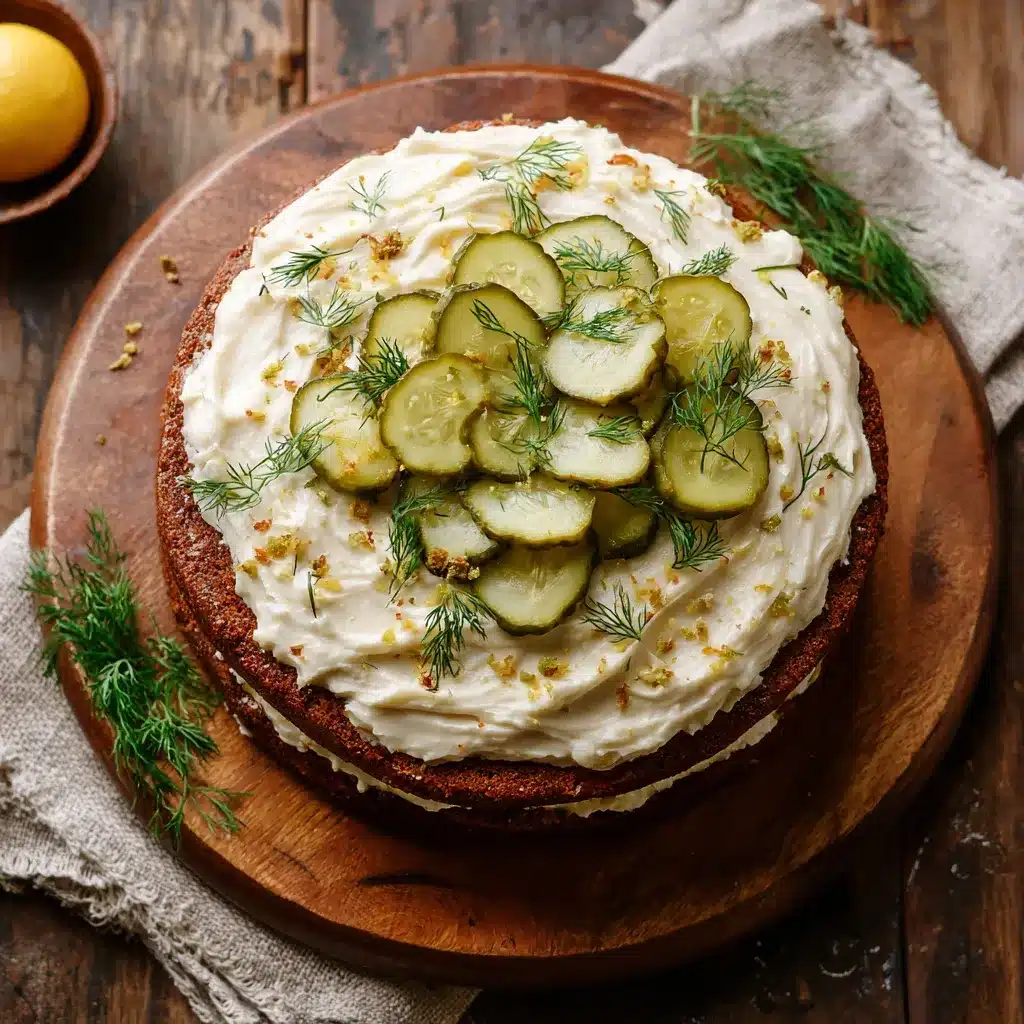 Whole frosted pickle cake garnished with dill sprigs and pickle slices.