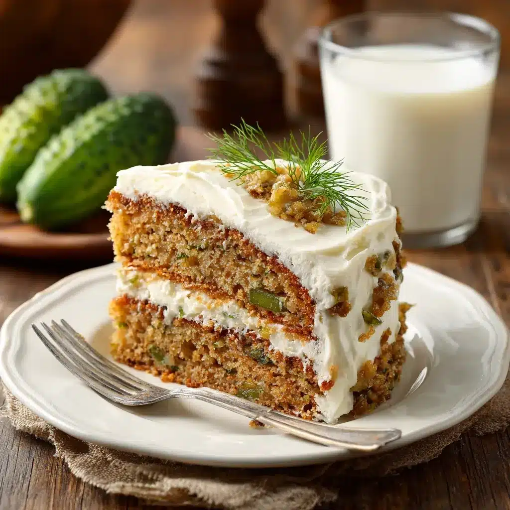 Pickle cake slice with cream cheese frosting and dill garnish on white plate.