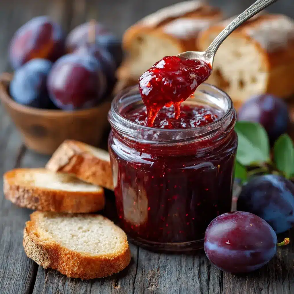 Homemade plum jelly in a jar with spoon and bread slices.