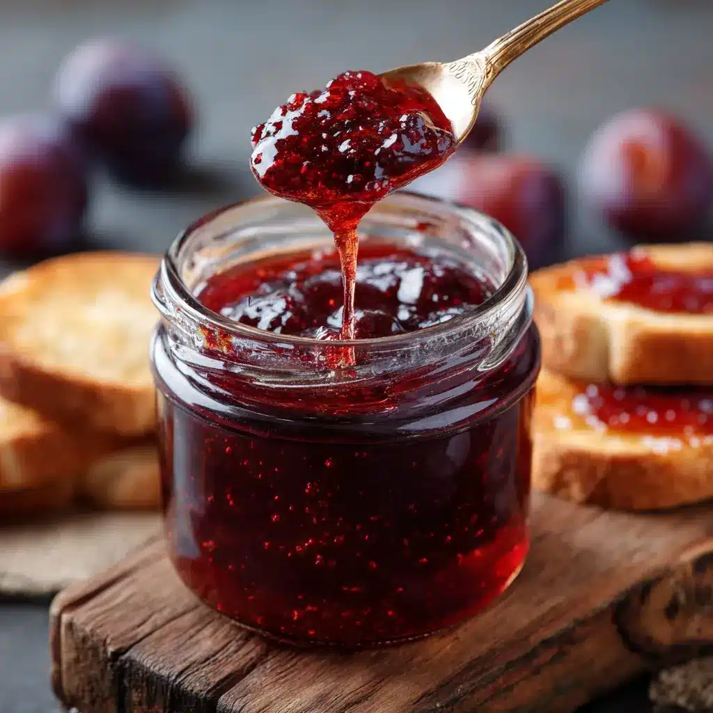 Plum jelly jar served with toast and butter on a breakfast tray