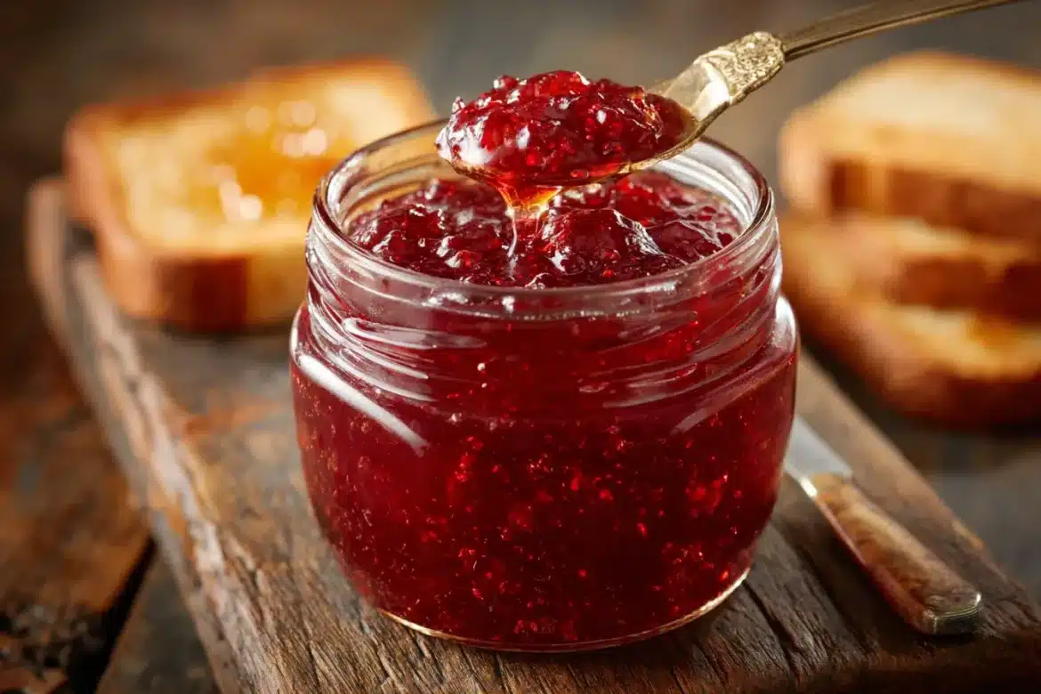 Bright, glossy plum jelly in a jar with toast beside it.