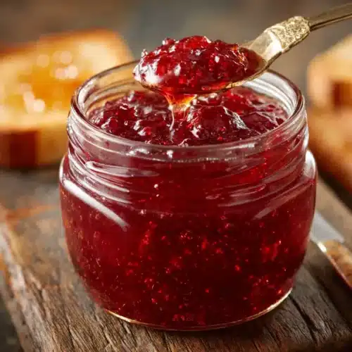Bright, glossy plum jelly in a jar with toast beside it.