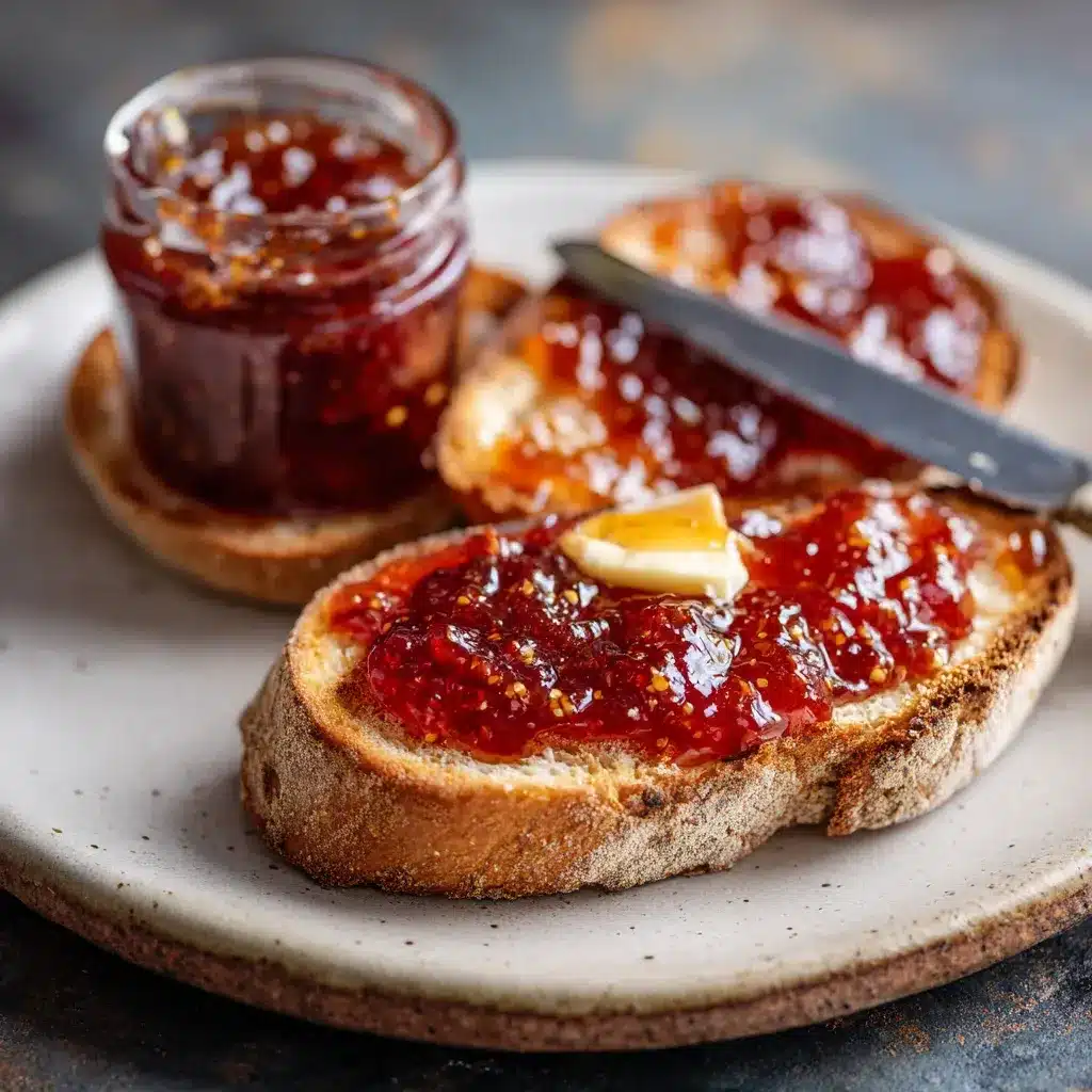 Plum jelly spread on toast with glossy jewel tone.