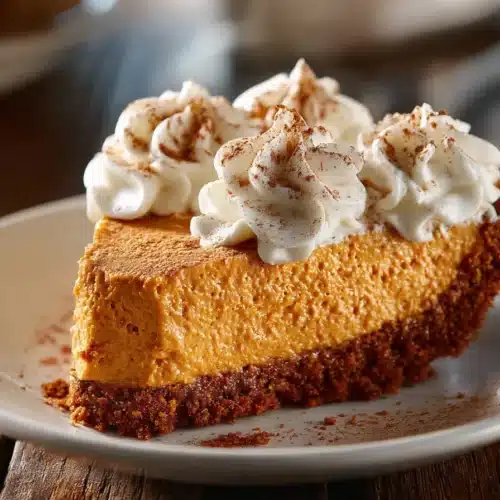 Slice of pumpkin chiffon pie with gingersnap crust, whipped cream topping, and airy mousse-like filling.