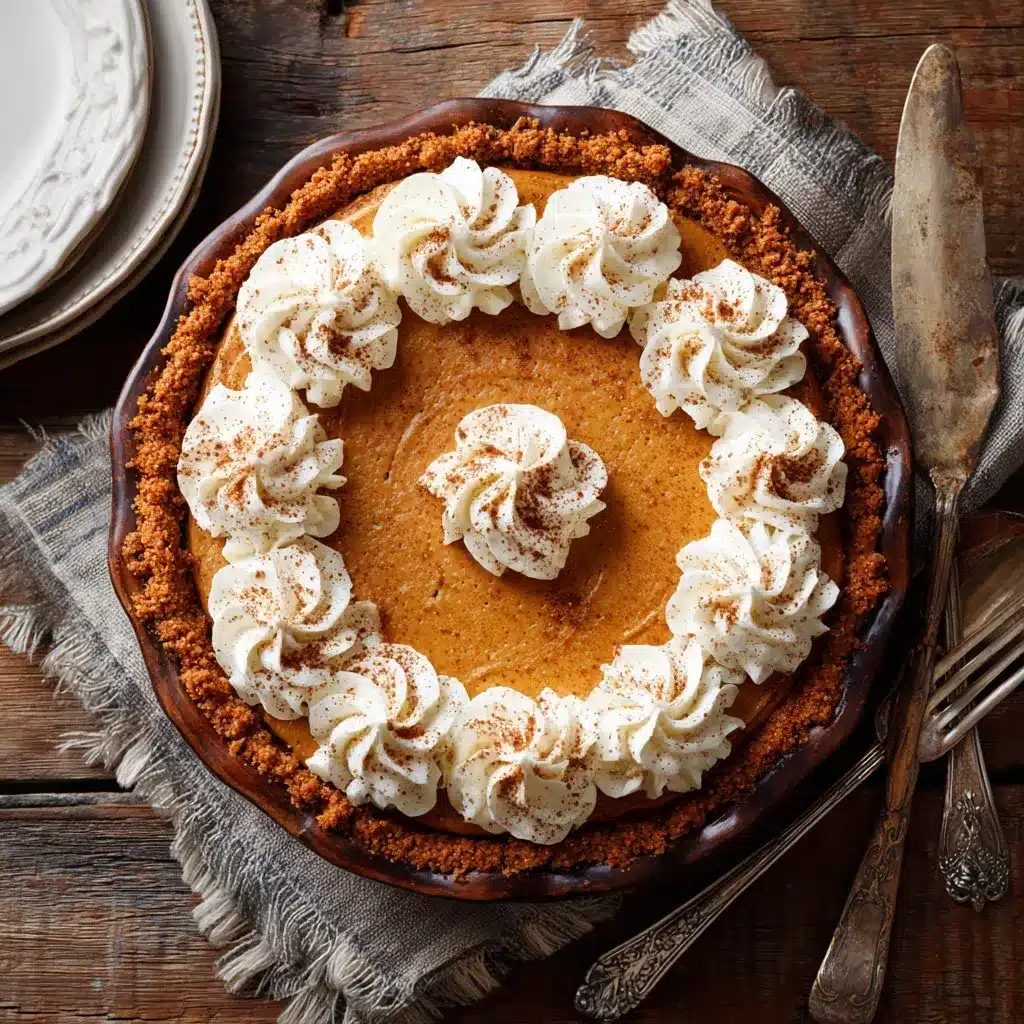 Whole pumpkin chiffon pie with whipped cream rosettes and cinnamon on rustic holiday table.