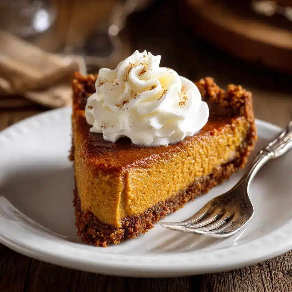 Pumpkin chiffon pie slice served on a white plate with coffee on rustic table.