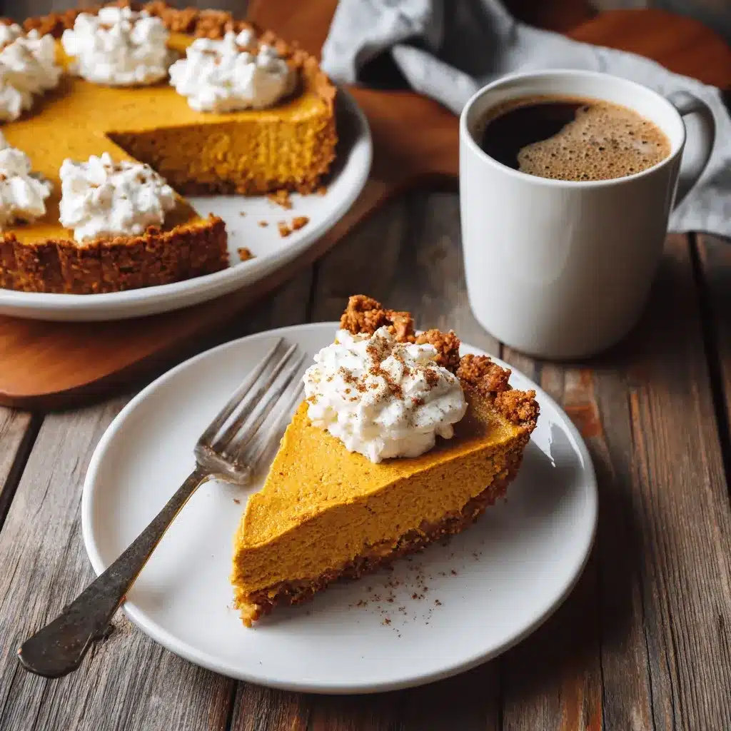 Pumpkin chiffon pie slice with whipped cream swirl on white plate with fork.