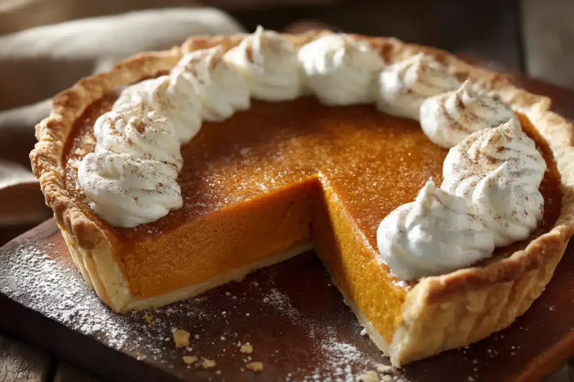 A classic pumpkin pie with a slice removed, showing its smooth filling and topped with whipped cream and cinnamon.